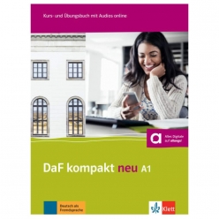 جلد کتاب آلمانی DaF kompakt neu A1؛ کتاب آموزش زبان آلمانی سطح A1 با تمرکز بر واژگان، گرامر، مکالمه، شنیداری و آمادگی آزمون‌های زبان آلمانی.